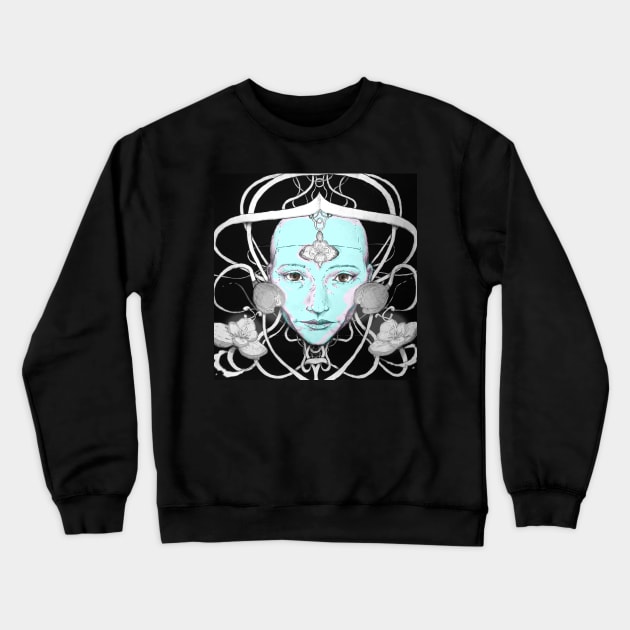 Wise cyber robot girl with blue skin entwined with mystical flowers and wires Crewneck Sweatshirt by Takeshi Kolotov